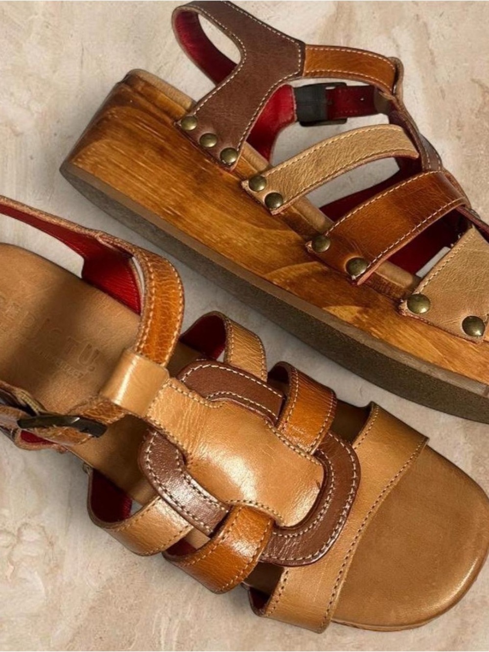 Like new BED|STU Fabiola Wood Platform Wedge Sandal in Cafe/Latte Size 8